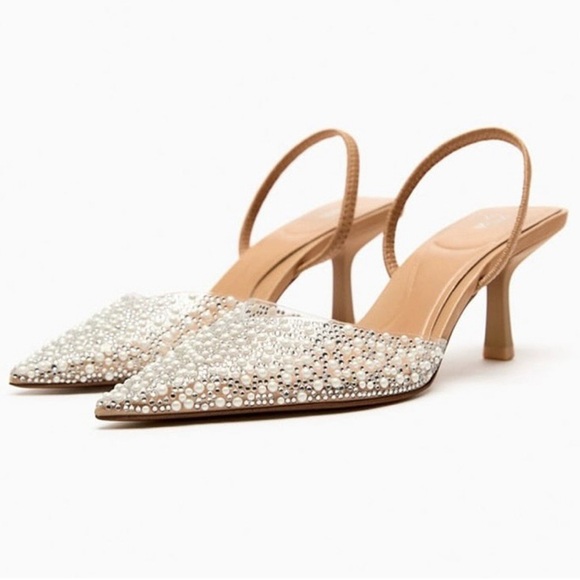 Zara Clear PVC Pearl & Rhinestone embellished Pointed Toe Slingback heels - Picture 2 of 7